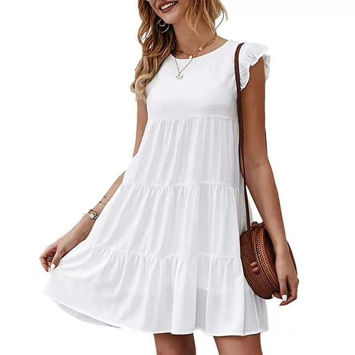 Bequemes Damen Stufenkleid in A-Linie mit Rüschenärmeln. Ideales Freizeitkleid für warme Sommertage, legerer Stil.