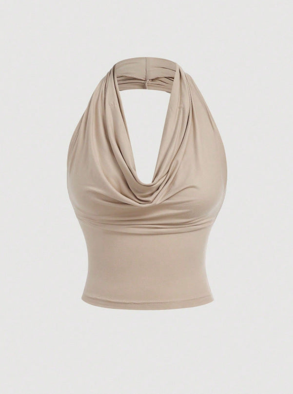 Sommerliches Damen Neckholder-Cropped-Top mit Wasserfall-Ausschnitt. Elegant für Abendmode, auch für Freizeit passend.