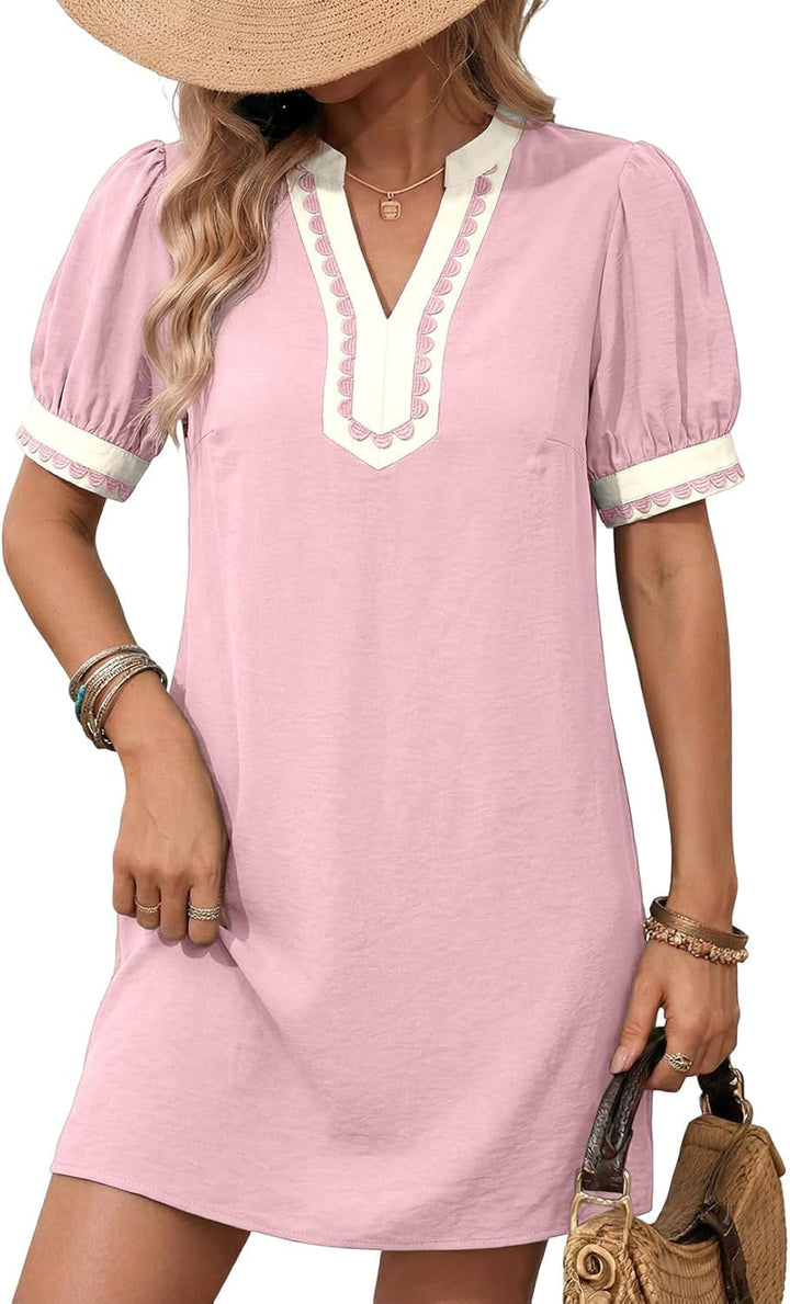 Modisches Damen Kurzarmkleid, A-Linie, Puffärmel, V-Ausschnitt. Perfektes Minikleid für Freizeit & Strand.