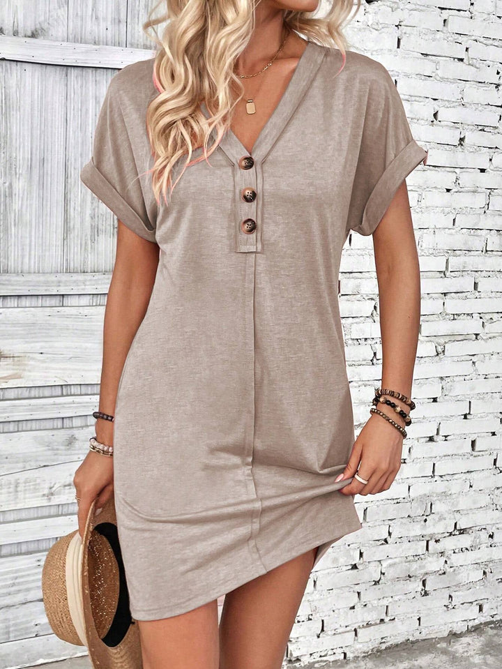 Modisches Damen Freizeitkleid, V-Ausschnitt, kurzarm, knielang, perfekt für Frühling & Sommer.