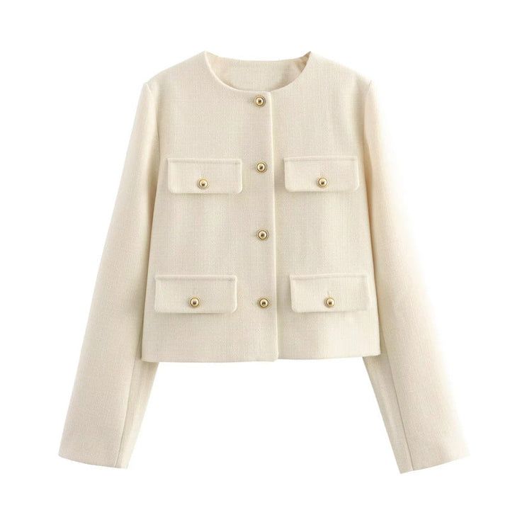 Elegante kurze Damenjacke mit Pattentaschen, Knöpfen und modernem Schnitt, für jeden Tag.