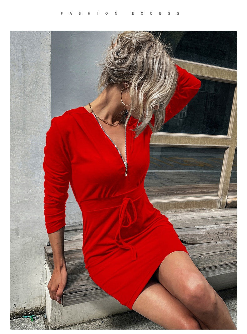 Damen Langarm Sportkleid, Freizeitkleid, mit Reißverschluss, Gürtel & modernem Design für jeden Anlass.