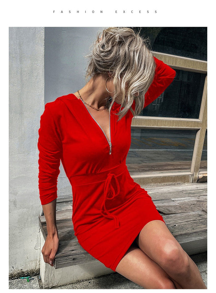Damen Langarm Sportkleid, Freizeitkleid, mit Reißverschluss, Gürtel & modernem Design für jeden Anlass.