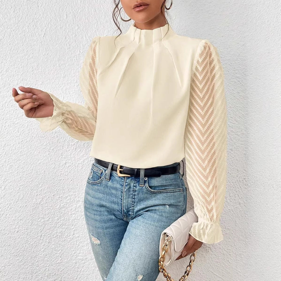 Damen-Langarmbluse aus Chiffon mit Stehkragen & schicken transparenten Ärmeln, vielseitig kombinierbar.