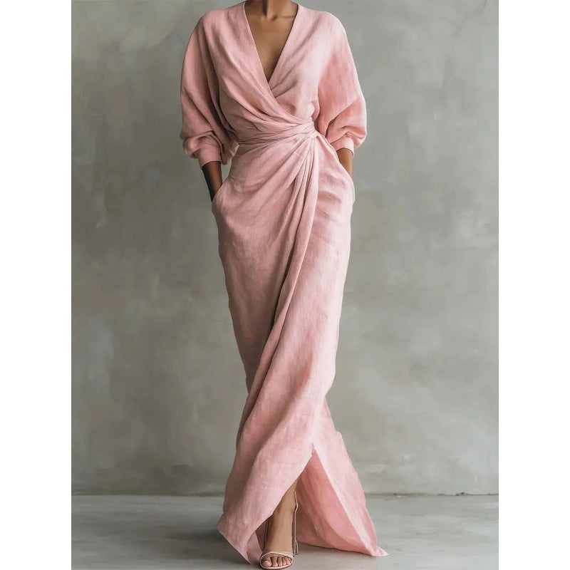 Elegantes Damen Wickel-Maxikleid mit V-Ausschnitt, perfekt für festliche Anlässe oder stilvolle Sommerabende.