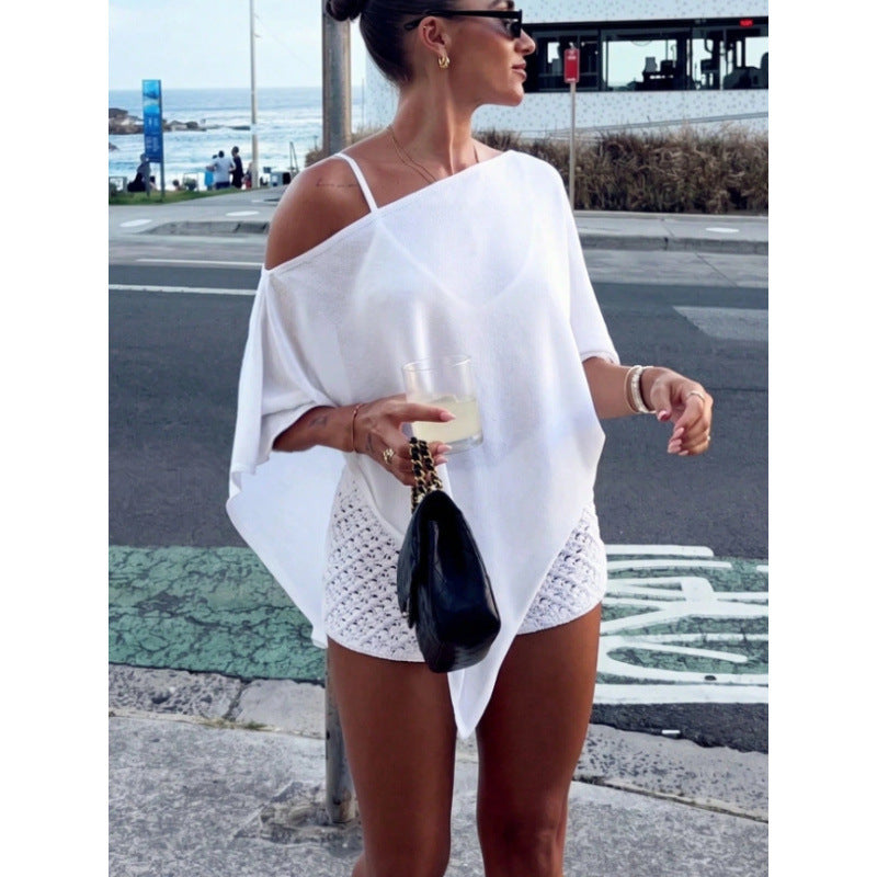 Damen Poncho-Top: Asymmetrisches Off-Shoulder Poncho-Top für Damen, lässig elegant, ideal für Sommer & Strand.