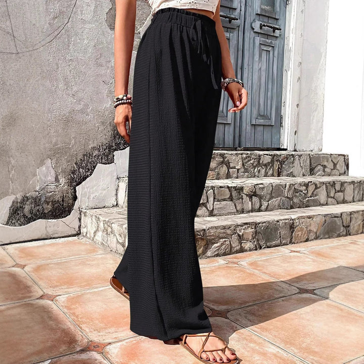 Vielseitige Damen-Freizeithose, Palazzohose mit hohem Bund & Kordelzug. Perfekt für Strand, Urlaub & Alltag.