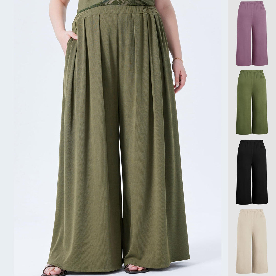 Schwarze weite Palazzohose für Damen mit hohem Komfortbund, ideal für elegante Looks und bequeme Freizeit.