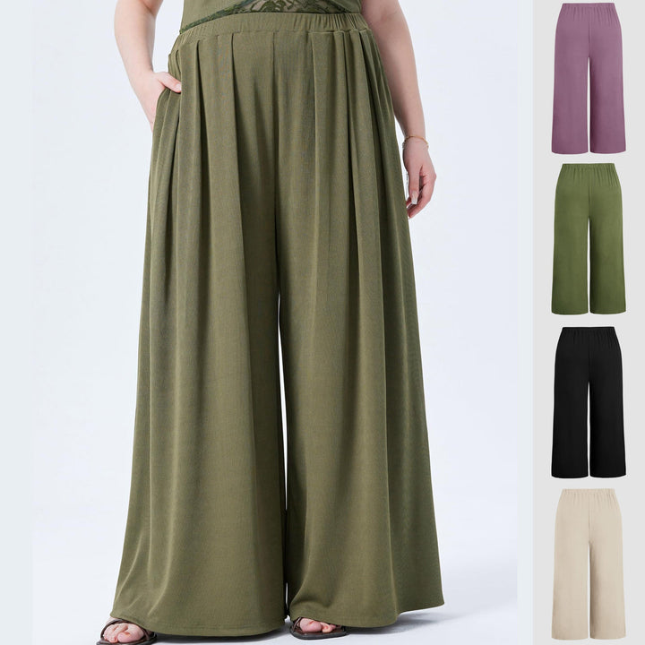 Schwarze weite Palazzohose für Damen mit hohem Komfortbund, ideal für elegante Looks und bequeme Freizeit.