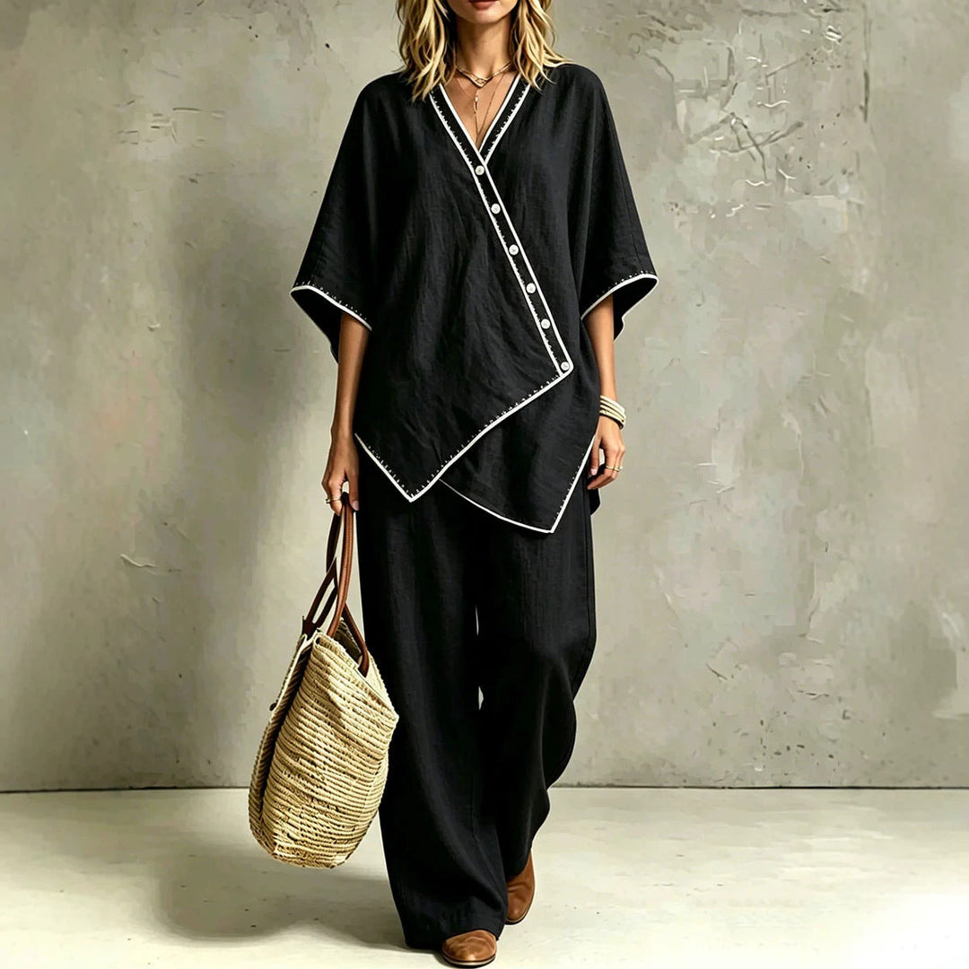 Zweiteiliges Damen-Set: Asymmetrische Tunika & fließende Palazzohose für elegante Sommer-Freizeit.