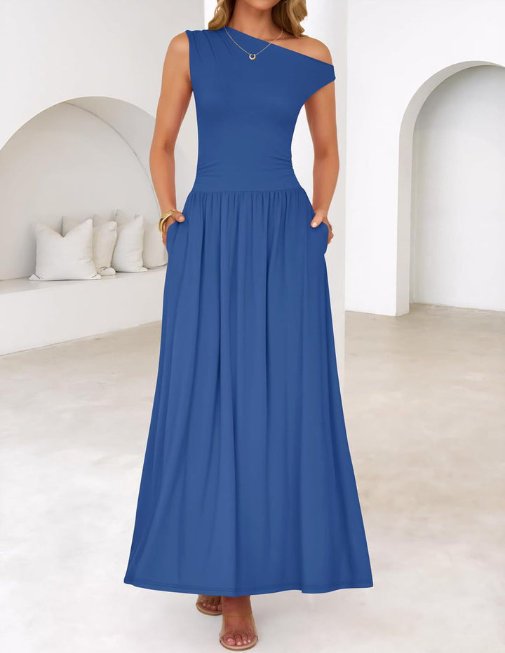 Bequemes Damen Freizeitkleid, One-Shoulder Maxikleid mit praktischen Seitentaschen, tailliert.