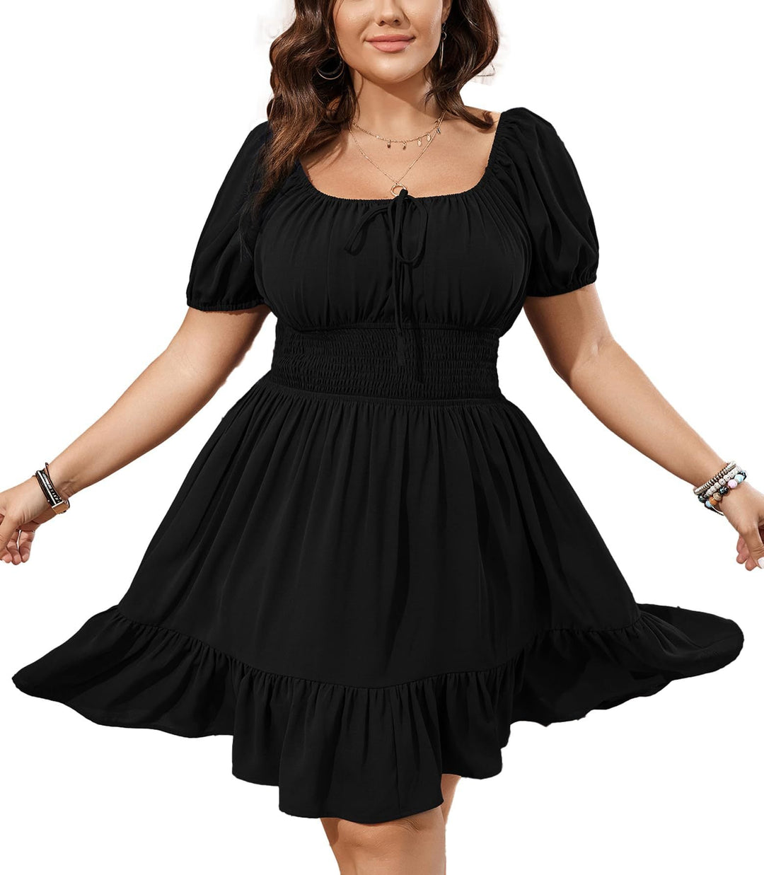 Damen Midikleid mit voluminösen Puffärmeln, figurbetonter Smok-Taille & Quadratausschnitt. Elegant & bequem.