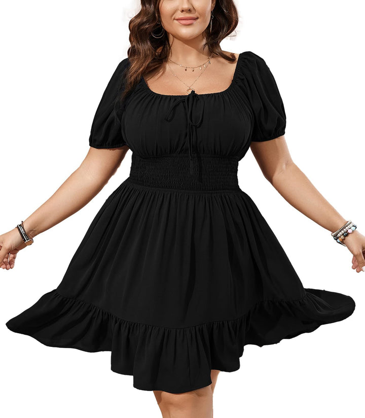Damen Midikleid mit voluminösen Puffärmeln, figurbetonter Smok-Taille & Quadratausschnitt. Elegant & bequem.