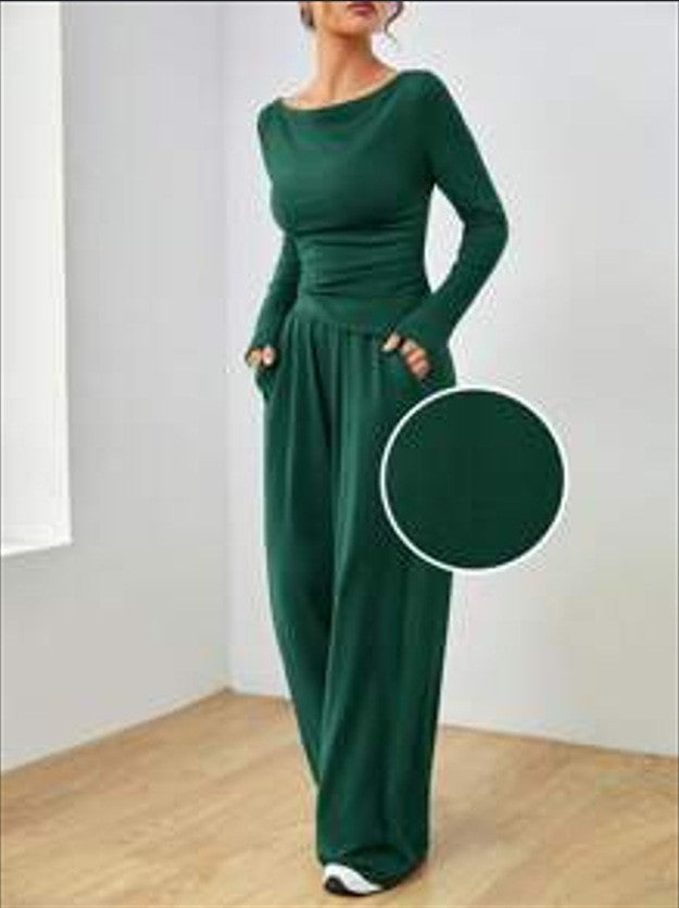 Elegantes Damen Lounge Set, ideal für Freizeit. U-Boot-Ausschnitt Top, bequeme Palazzo Hose.
