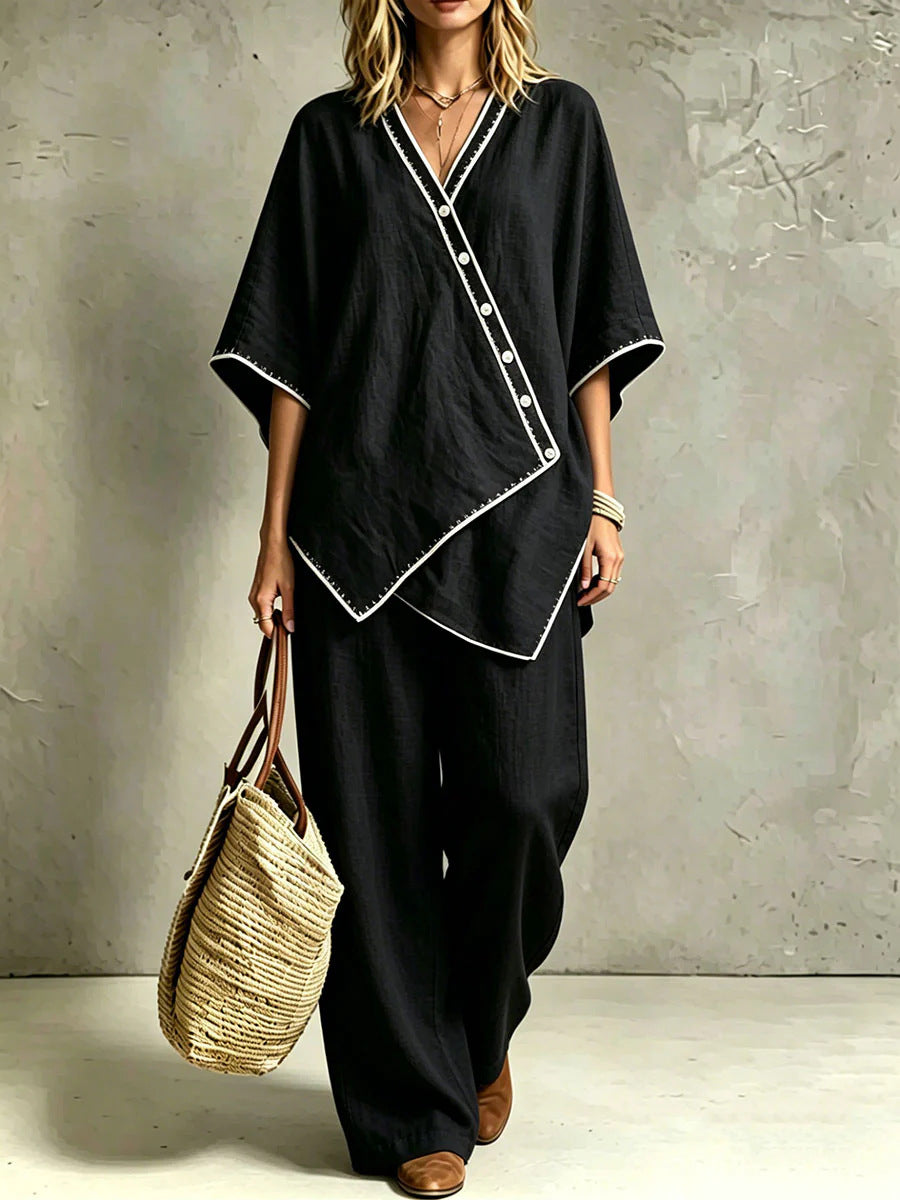 Damen Loungewear Zweiteiler: Asymmetrische Tunika & bequeme Palazzohose, perfekt für entspannte Sommertage.
