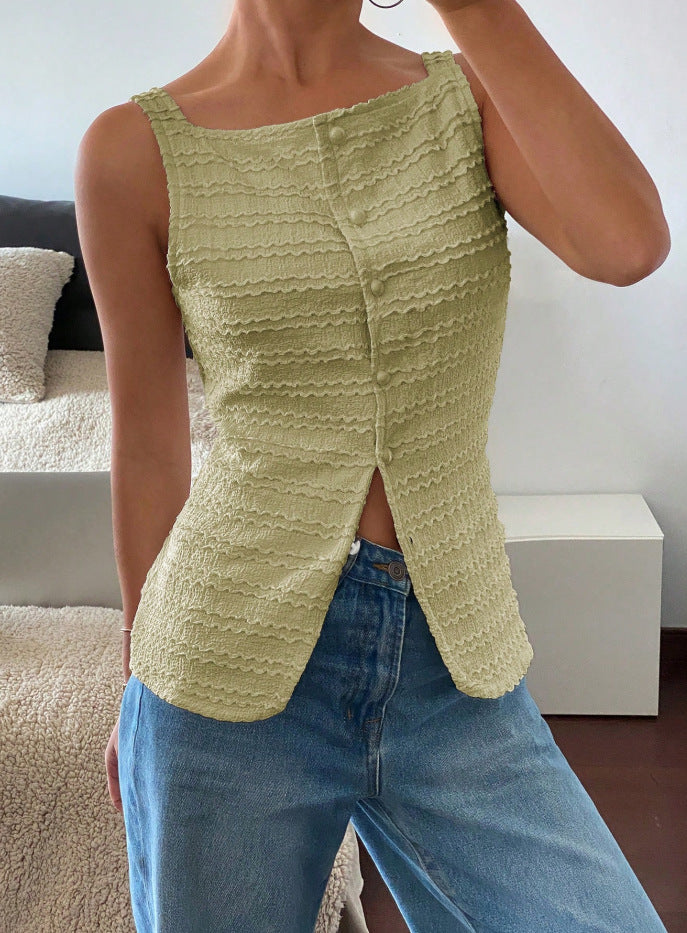 Damen Sommer-Top, ärmellos, mit schöner Struktur und dekorativer Knopfleiste, figurfreundlich.