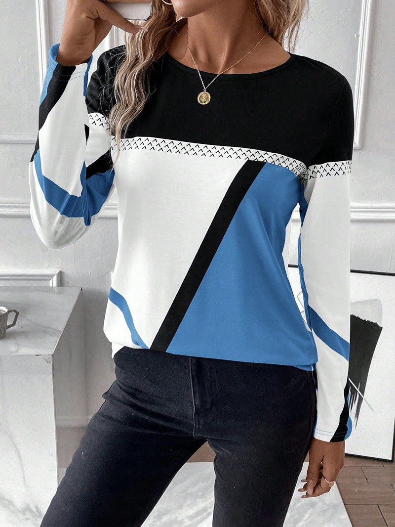 Hochwertiges Damen Langarmshirt, geometrischer Blockprint, Rundhals. Vielseitige Damenbekleidung.