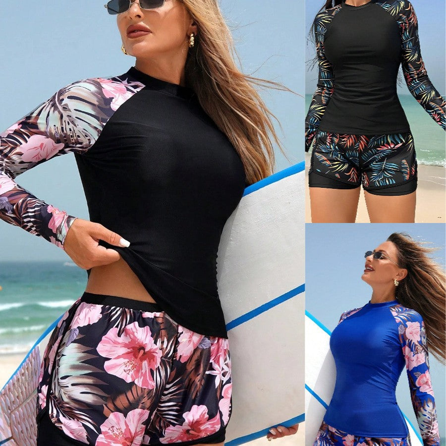 Damen Rashguard Set Langarm & Shorts mit floralem Muster. Ideal für Wassersport & UV-Schutz am Strand.