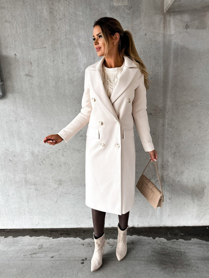 Zeitloser Damen Doppelreiher-Mantel, tailliert, perfekt als Herbst-, Winter- oder eleganter Übergangsmantel.