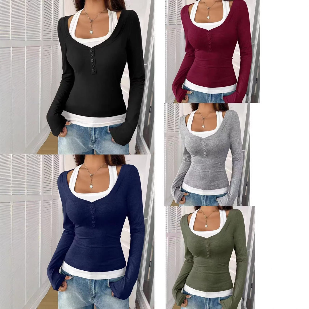 Damen Langarmshirt figurbetont mit U-Ausschnitt & Knopfleiste. Vielseitiges Basic für den Alltag.