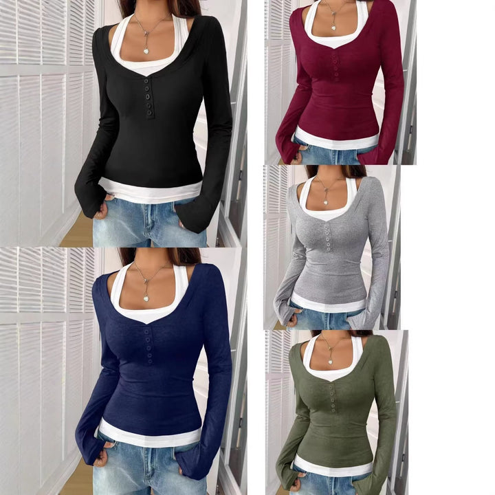 Damen Langarmshirt figurbetont mit U-Ausschnitt & Knopfleiste. Vielseitiges Basic für den Alltag.