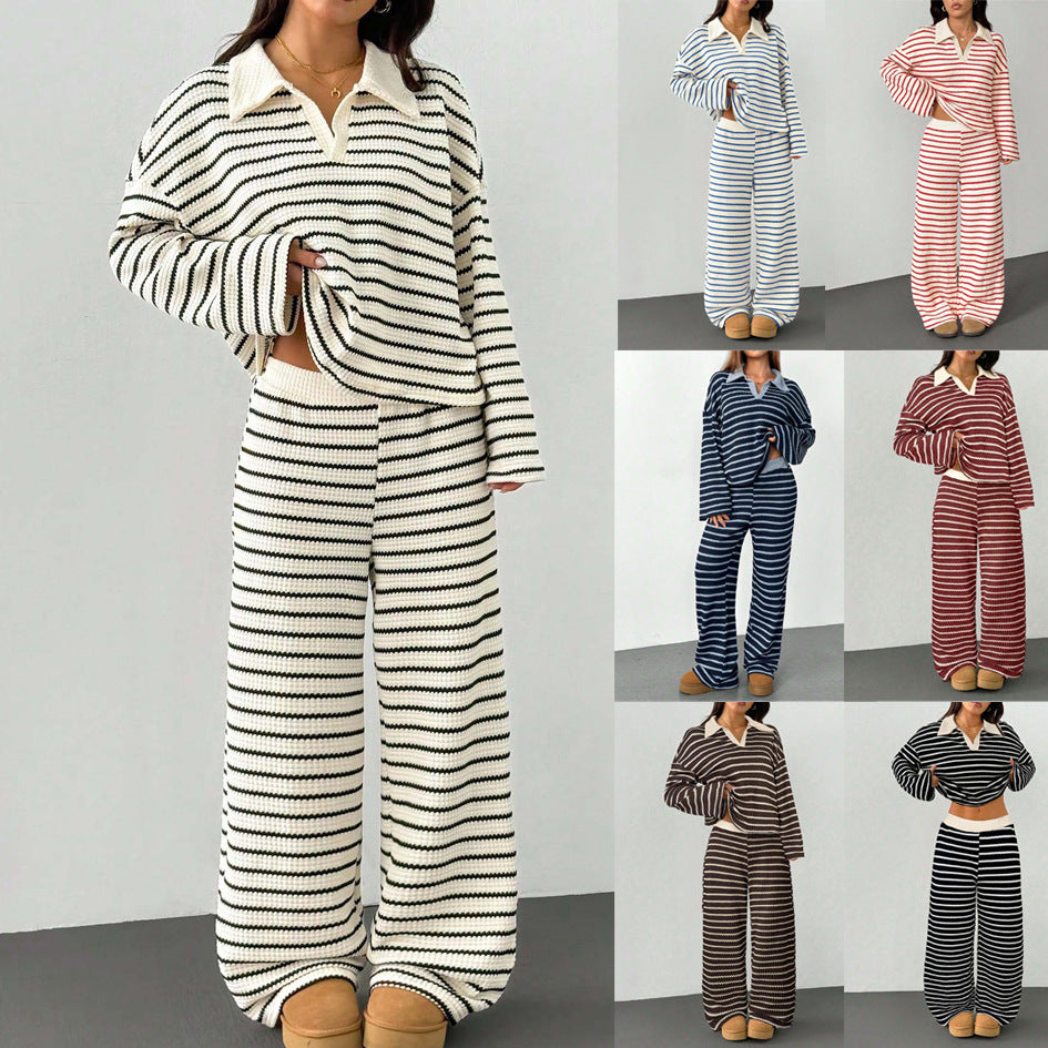 Damen Gestreiftes Zweiteiler Set mit Polokragen & bequemer Palazzo Hose für stilvolle Freizeitmode.