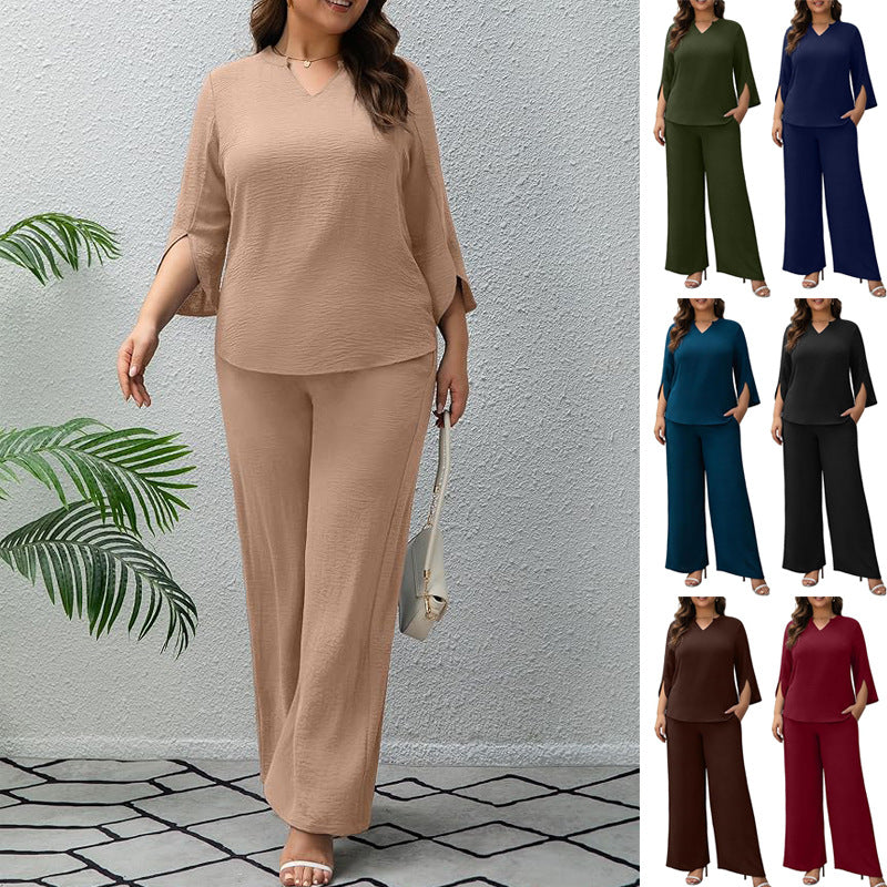 Elegantes Damen Palazzo-Set mit V-Ausschnitt und weitem Bein für festliche Anlässe.