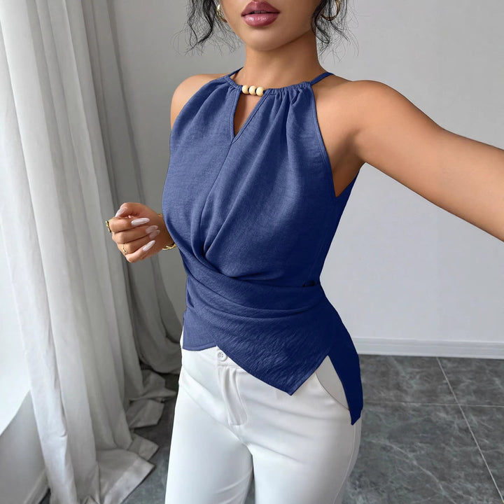 Elegantes ärmelloses Damen Neckholder Top, Twist-Design, Holzperlen & asymmetrisch. Festlich & Casual.