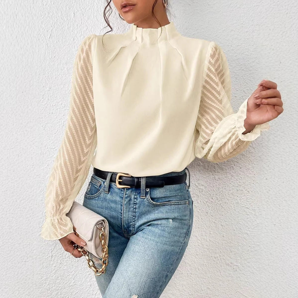 Elegante Damenbluse aus Chiffon mit Stehkragen und transparenten Ärmeln, ideal für Business & Feiern.