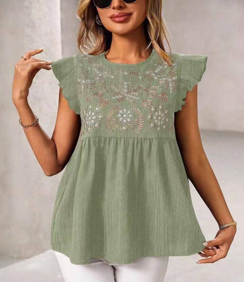 Elegantes Babydoll-Top für Damen: Kurzarm, mit detaillierter Stickerei und Rüschen, sommerlicher Look.