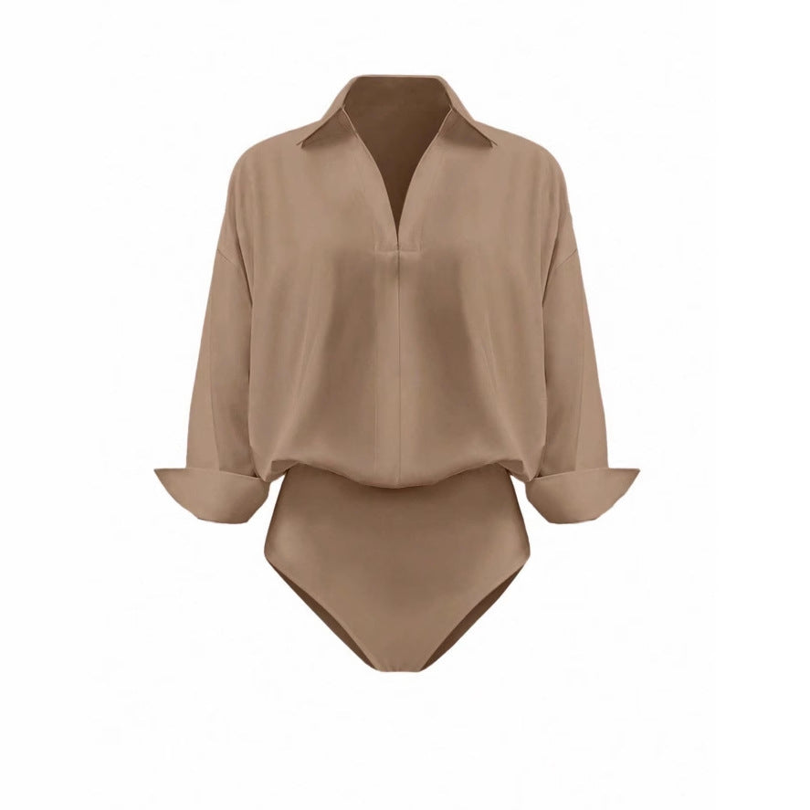 Schicker Damen Bodybluse mit tiefem V-Ausschnitt, Langarm & eleganten Manschetten. Ideal für formelle Anlässe.