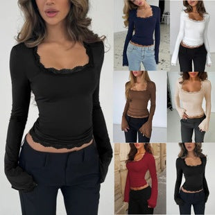 Damen Langarmshirt mit zarter Spitze; elegant & bequem für Freizeit und Alltag. Frühling/Herbst Oberteil.