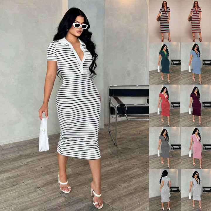 Elegantes gestreiftes Damen Polokleid, figurbetont, Midi-Länge, perfekt für Sommer & Freizeit.