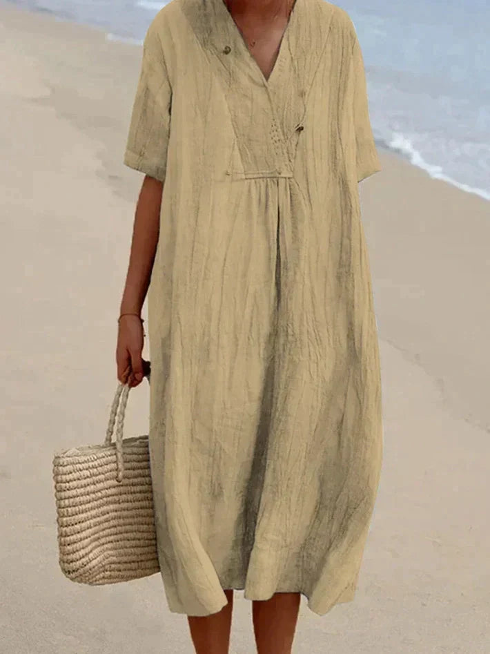 Modisches Baumwoll-Leinen Damen Sommerkleid Aria. Kurzarm A-Linien Kleid mit V-Ausschnitt für Freizeit.