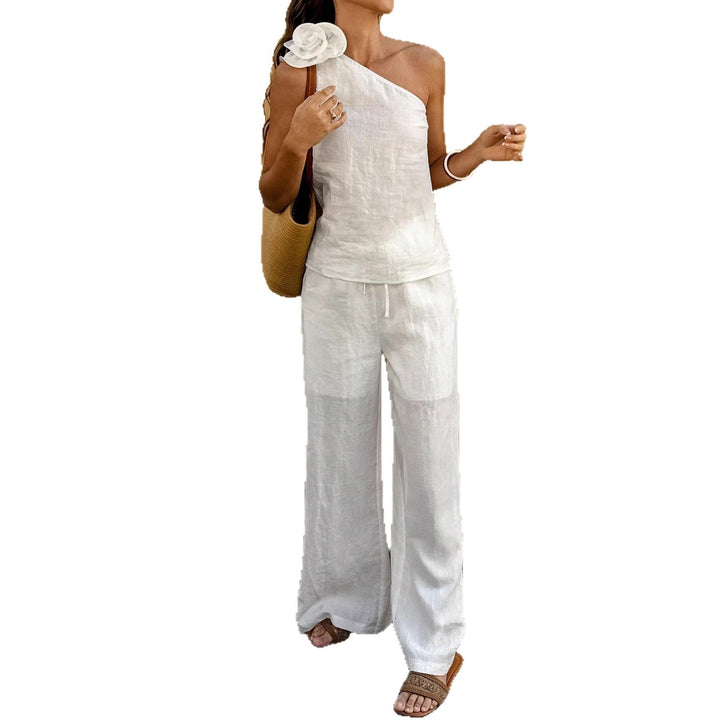 Chicer Damen Jumpsuit mit asymmetrischem Einschulterschnitt, Rosette und elegantem weitem Bein für Urlaub.