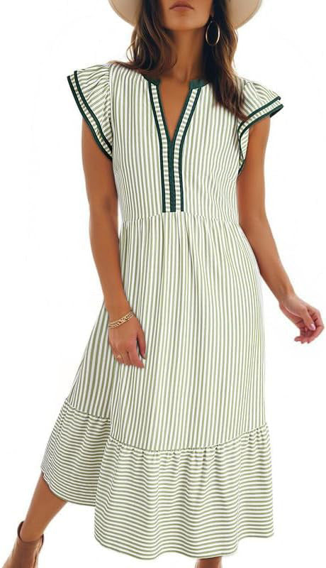 Damen Urlaubskleid: Gestreiftes Midikleid mit V-Ausschnitt & Volant. Luftig & bequem für heiße Tage.