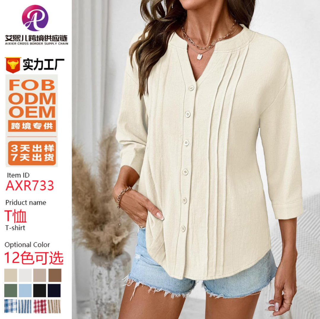 Damen Tunikashirt locker mit Kellerfalten, V-Ausschnitt & 3/4 Ärmeln. Elegant & bequem für Frühling/Sommer.