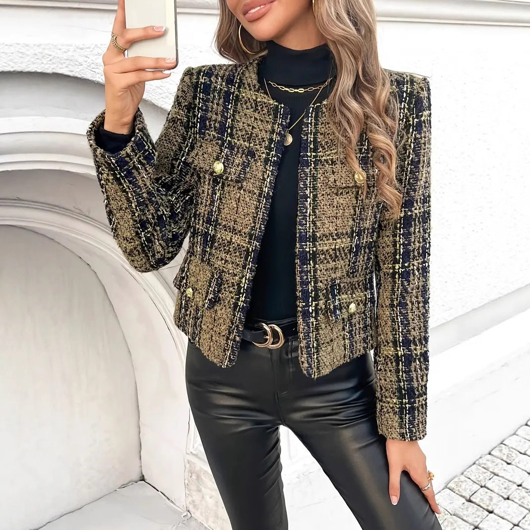 Damen elegante Karo-Kurzjacke in stilvollem Design, ideal für Übergangszeit und Freizeitmode.