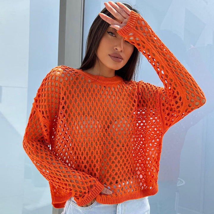 Damen luftiges Langarm-Netzoberteil für einen lässigen Sommer-Look am Strand oder in der Stadt. Transparent & trendy.