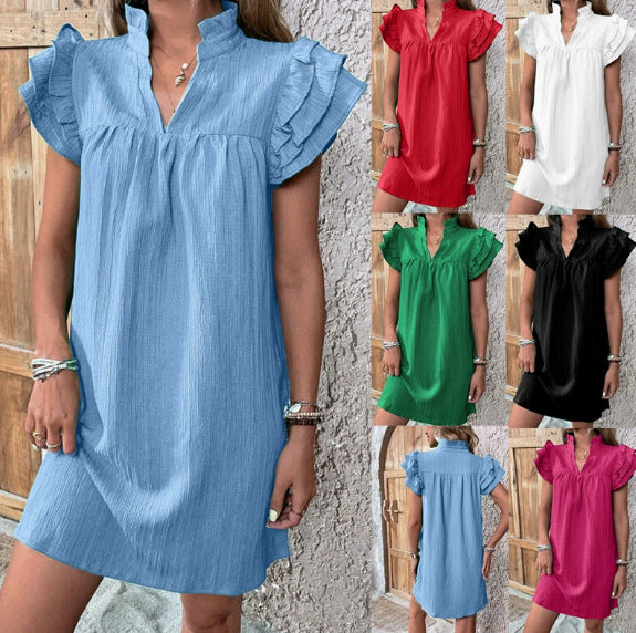 Damen Crinkle-Minikleid mit Stehkragen, V-Ausschnitt & Volantärmeln. A-Linie Sommerkleid für Freizeit.
