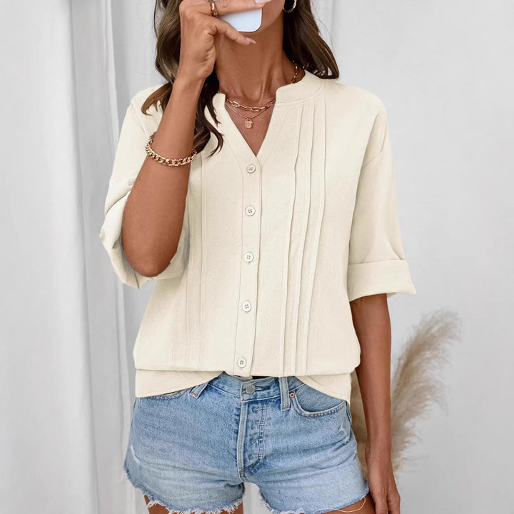 Bequeme Damen Freizeit Bluse mit V-Ausschnitt, Kellerfalten & 3/4 Ärmeln. Sommerliches Tunikashirt.