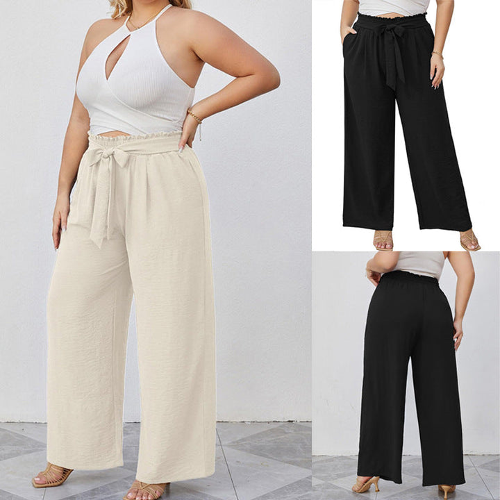 Elegante Damen Paperbag-Hose mit weitem Bein, hoher Taille und Bindegürtel, perfekt für Sommer und Büro.