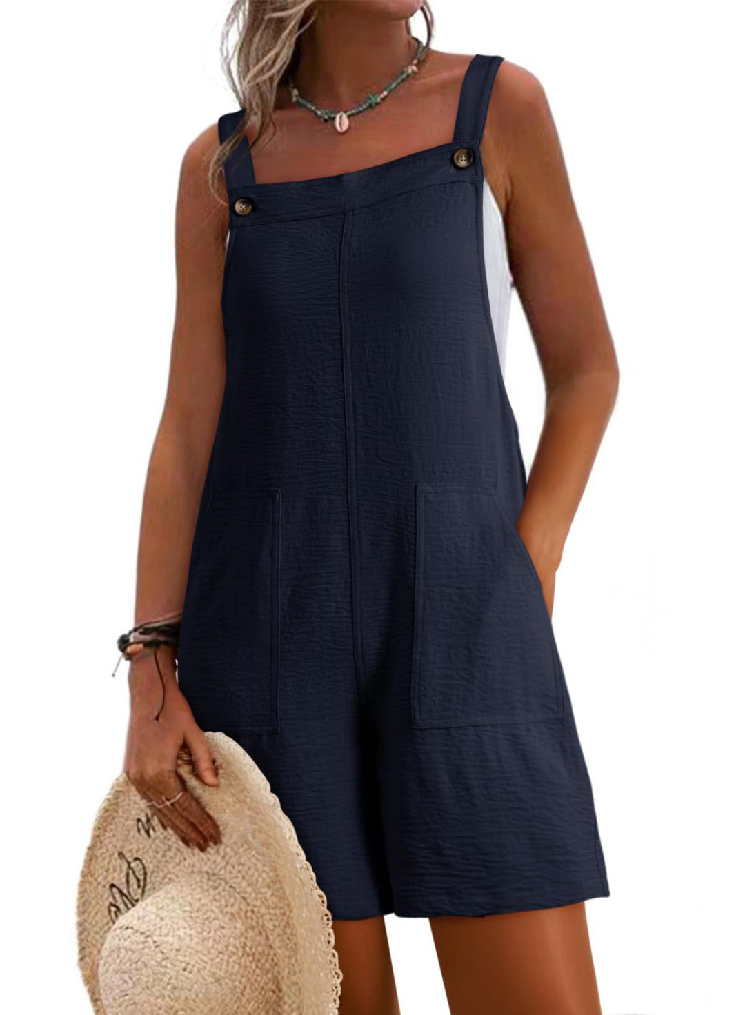Damen Sommer Kurz-Overall mit Taschen, lässig und bequem. Ideal für Freizeit und Urlaubskleidung.