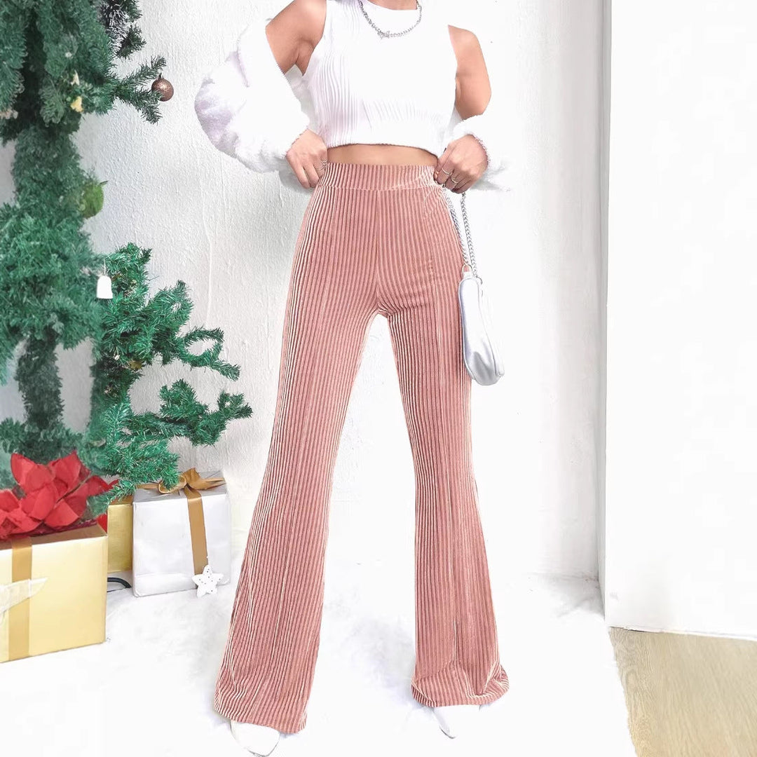 Elegante hochtaillierte Ripp-Hose für Damen, perfekter Freizeit- und Party-Look mit weitem Bein.
