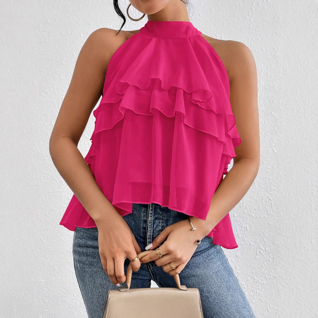 Sommerliches Volant-Top für Damen: luftig, chic und ärmellos, mit stilvollem Stehkragen für Party & Büro.