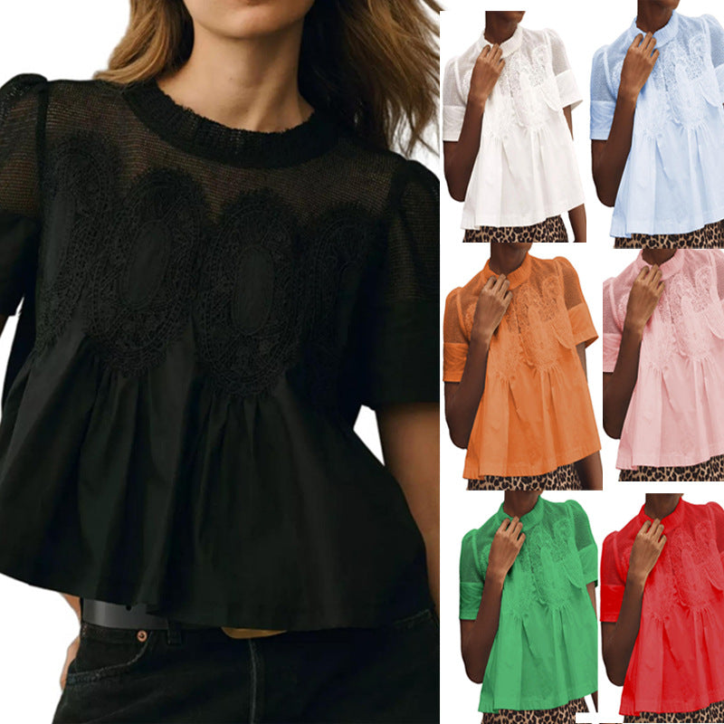 Damen Spitzenblusen-Top mit elegantem Stehkragen und transparentem Netzeinsatz, kurzarm, feminin.
