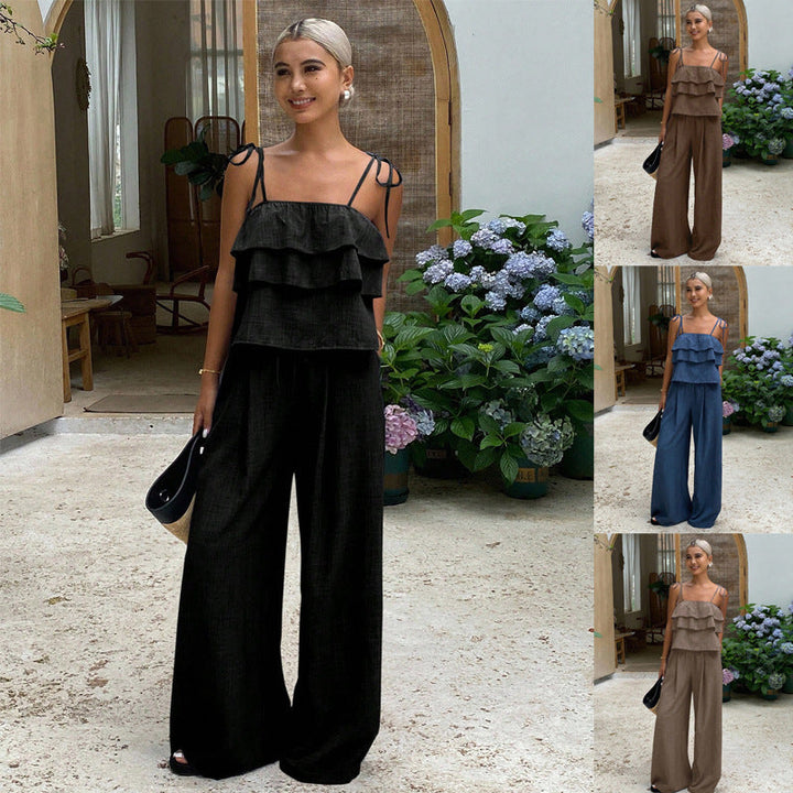 Eleganter Damen Zweiteiler mit stilvollem Volant-Top und bequemer weiter Palazzo-Hose für Sommer & Freizeit.