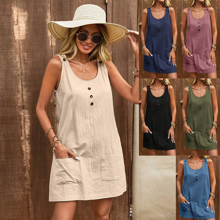 Damen Shiftkleid elegant, ärmellos, mit Knopfleiste & Taschen, locker geschnitten, ideal für Freizeit & Sommer.