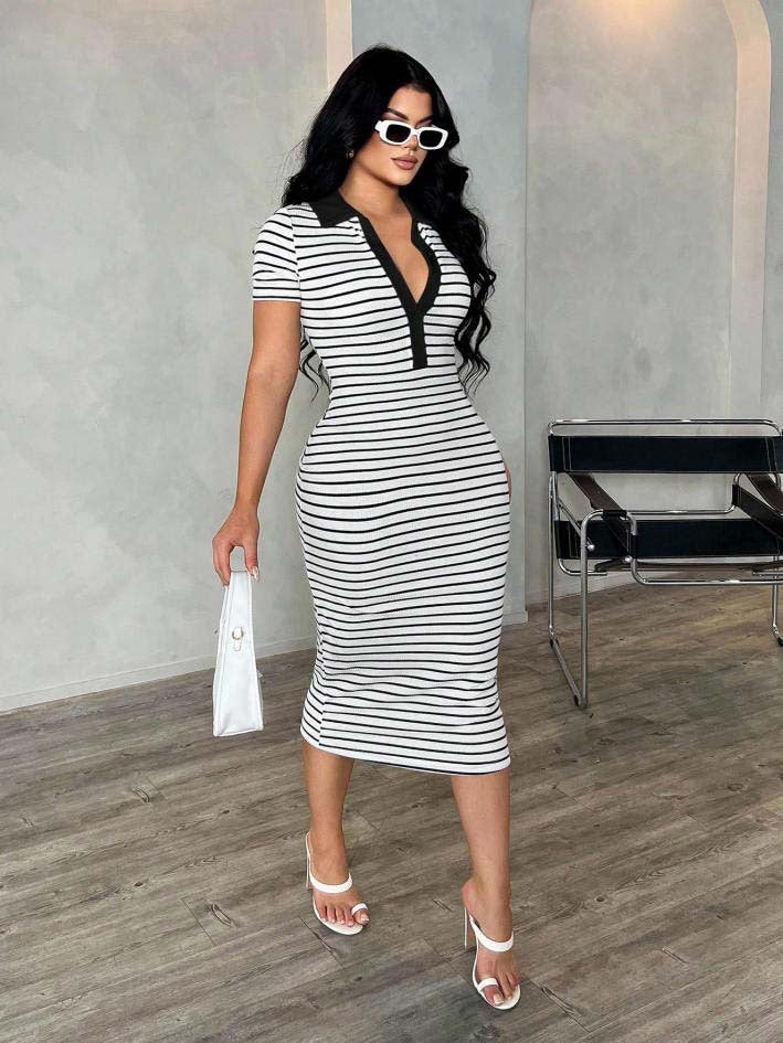 Figurbetontes gestreiftes Sommerkleid, Damen Polokleid in Midi-Länge, elegant und luftig.