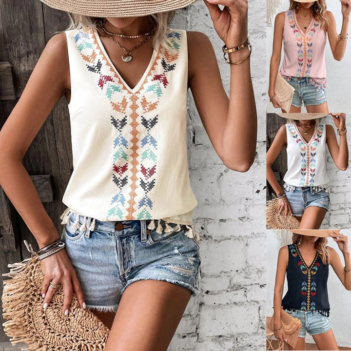 Damen Boho-Chic Top, ärmellos, mit eleganter Stickerei, V-Ausschnitt & Quasten für sommerliche Outfits.